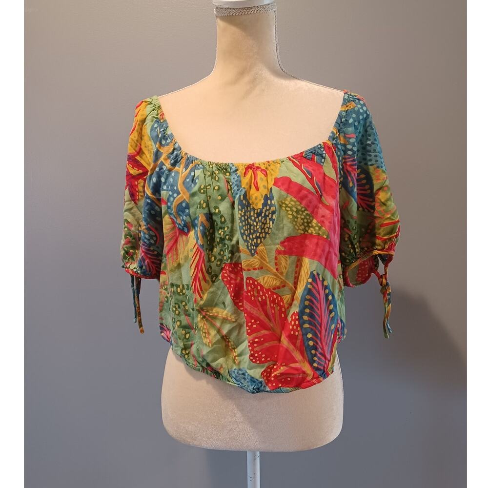 Christian Siriano Large Tropical Foliage Palm Leaf Print Crop Top Knot Sleeves